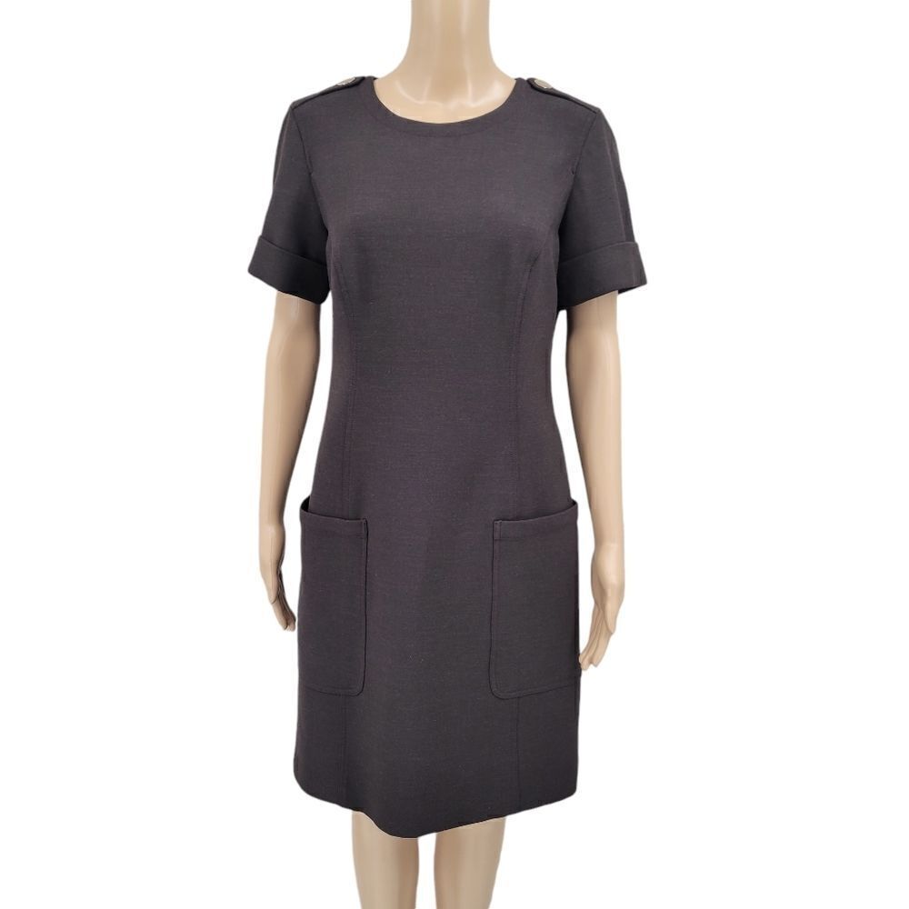 Etcetera Chocolate Brown Midi Dress Princess Seams Pockets Shoulder Epaulets